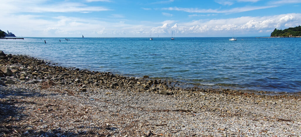 Salinera Beach in Strunjan, Slovenia. Beaches in Slovenia